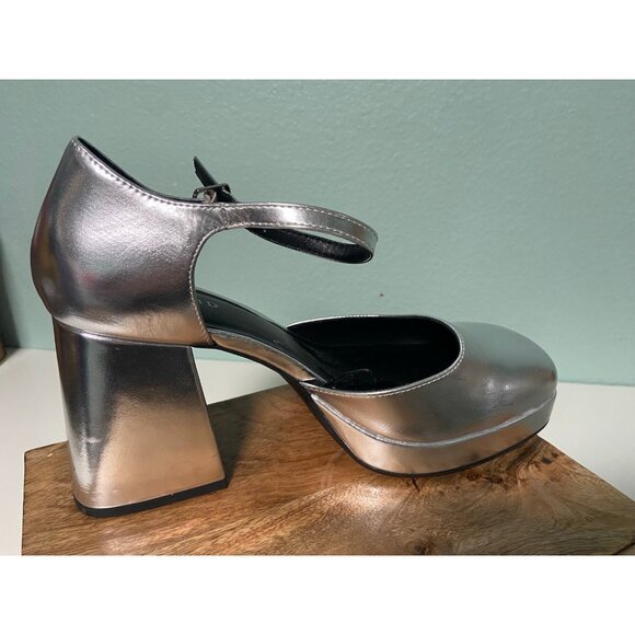 Silver Block Heel Mary Jane Shoes - Picture 8 of 11